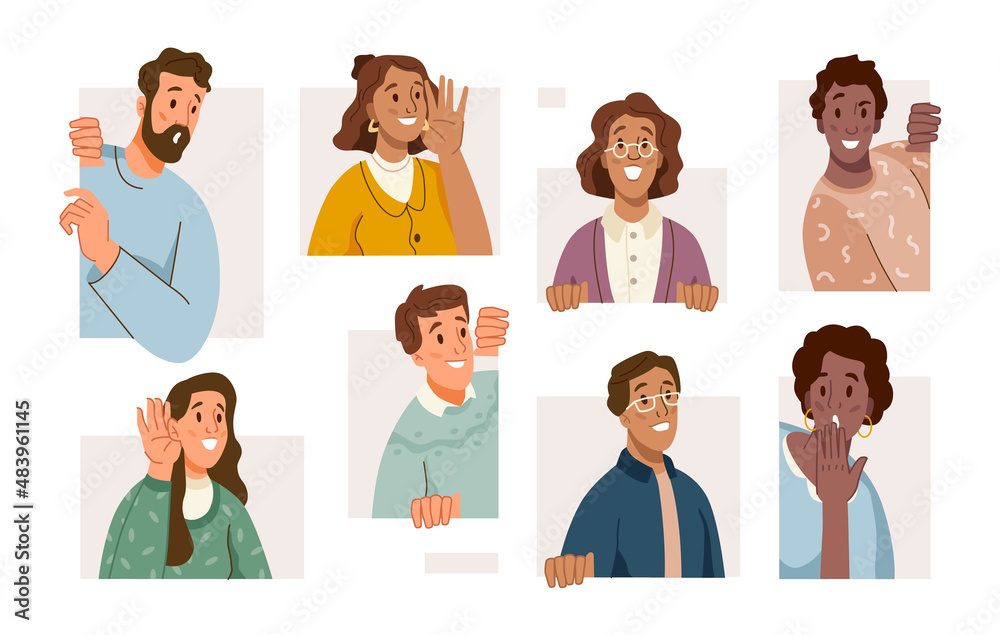 Woman and man with curiosity and astonishment on face gesturing and looking with interest. Vector neighbors or colleagues from work, young males and females. Funny flat cartoon style characters Woman and man with curiosity and astonishment on face gesturing and looking with interest. Vector neighbors or colleagues from work, young males and females. Funny flat cartoon style characters