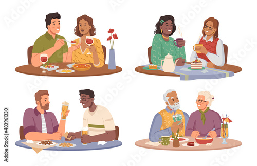Man and woman eating in restaurant or cafe, people on romantic date. Vector couple of hetero and lesbian guy. Youth and senior personages. Love and emotions feelings. Flat cartoon style character