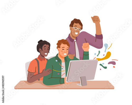 Colleagues celebrating successful completion of projects and great achievement at work. Vector friends by personal computer cheering and smiling, overjoyed students victory. Flat cartoon character