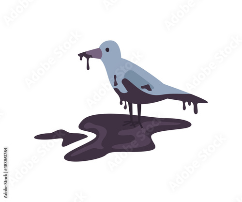 Problem of water and environmental pollution, oil leakage and spill. Vector bird in sticky chemical liquid, inability to fly. Seagull fauna of nature, contaminated wildlife and ecosystem flat cartoon