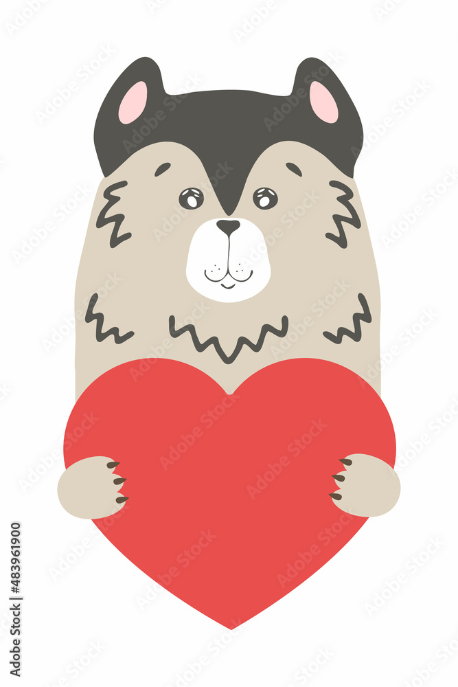 Naklejka premium Cute cartoon dog puppy wolf husky animal holds a heart sign with copy space. set valentine's day greeting card banner invitation flyer brochure. cartoon hand drawn style. Little animals pets in love