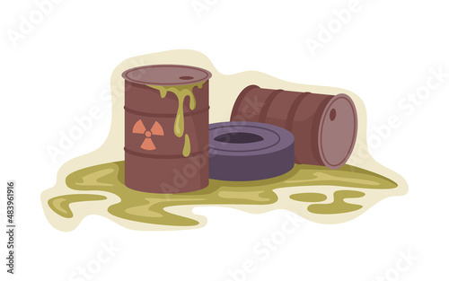 Radioactive toxic substance in barrels, radiation waste leakage from containers. Vector harm for environment, pollution and contamination, hazardous material and disaster for creatures flat cartoon