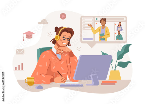 Woman attending online webinars listening to teacher and completing tasks. Vector work qualification and improving skills, education and obtaining knowledge, student at lessons in home. Flat cartoon