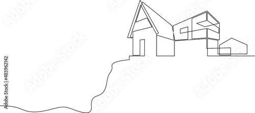 One continuous line.Modern minimalist home. Residential country house. Architectural concept of a building in a landscape.Continuous line drawing.Line Art isolated white background.