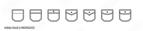 Patch Pocket. Jacket, Trousers, Dress, Jacket, Jeans, Coat, Shirt. Set of vector icons in linear style isolated on white background.