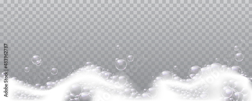 Foamy and soapy water with bubbles, cosmetic products or detergents, laundry or washing gel. Vector cleaning and hygiene, cartoon foam and soap background with realistic effect on transparent backdrop