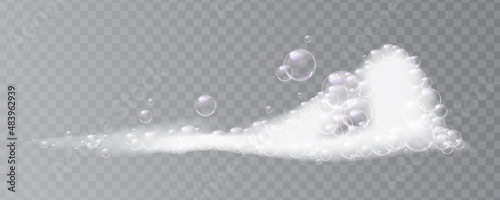 Lather isolated on transparent background. Vector foamy water with bubbles, washing and cleaning products and detergents. Shampoo or shower gel, suds and soap or cosmetics for hygiene illustration