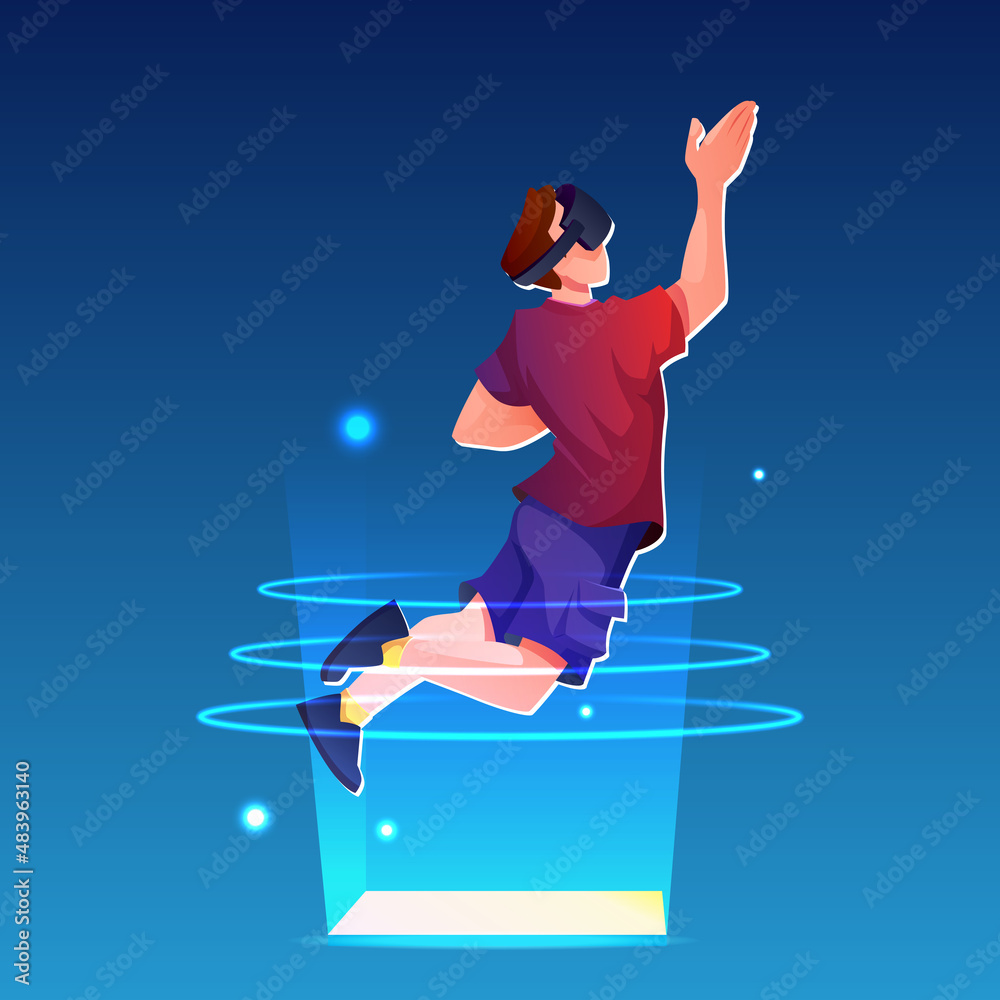 Fototapeta premium Life and entertainment in metaverse universe. Vector male character wearing VR goggles playing game, communicating. Futuristic network and cyberspace visual experience and interaction in digital space