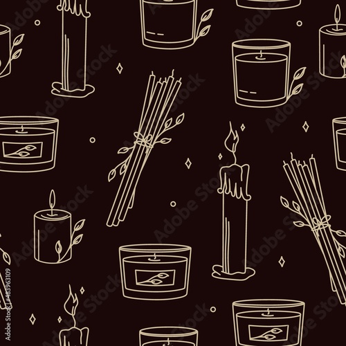 Pattern with magical symbols of boho esotericism mystical hand-drawn elements stone crystals. In gold color on a black background. Magical vector elements