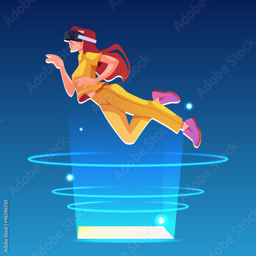 Digital space and metaverse, woman wearing vr glasses experiencing augmented and virtual reality. Vector innovations futuristic equipment for entertainment and life in future. Female character jump