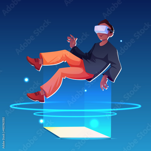 Digital space in metaverse, male character floating while wearing VR glasses. Vector augmented and virtual reality, futuristic entertainment and life, innovations for visual experience and gaming