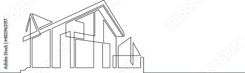 One continuous line.Modern minimalistic house. Residential building for a family. Architectural concept of a fashionable residential building.Architectural concept of a trendy residential building.Con