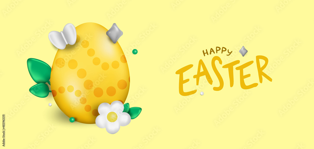 Easter day design. Realistic Easter eggs on a yellow background. Holiday banner, web poster, flyer, stylish brochure, greeting card, cover. Vector Easter background Easter day design. Realistic Easter eggs on a yellow background. Holiday banner, web poster, flyer, stylish brochure, greeting card, cover. Vector Easter background