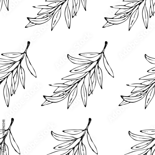 Seamless pattern with ink olive branches on white background.