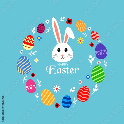 Happy Easter. Colorful easter greetings with bunny and easter eggs. Vector illustration
