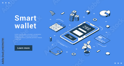 Smart wallet smartphone application for contactless internet payment counting and analyzing finance landing page isometric vector illustration. Money online transaction nfc technology advertising
