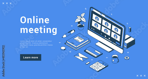Online meeting business corporate remotely conference chatting use computer landing page isometric vector illustration. People connecting together internet teleconference global cyberspace appointment