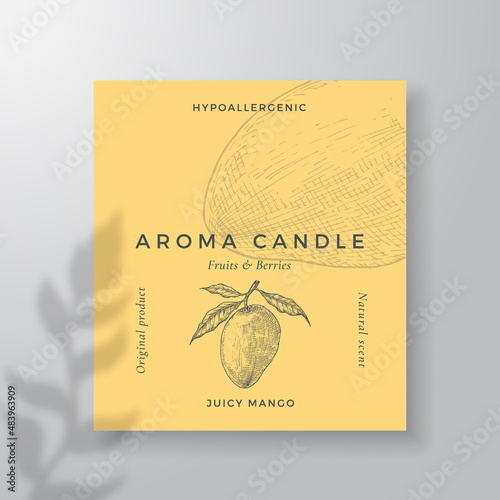 Aroma candle vector label template. Mango fruit scent from local purveyors advert design. Ink style sketch background layout decor Natural smell product package text space