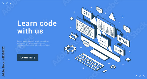 Learn code with us programming school internet advertising banner landing page isometric vector illustration. Coding software development educational courses computer class with database information