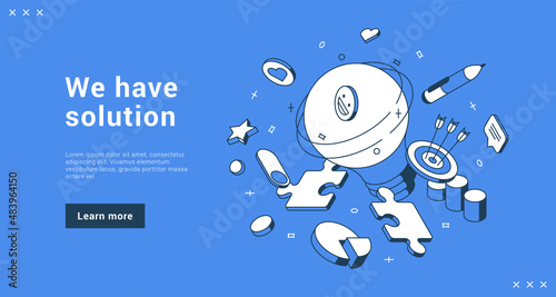 We have solution successful business innovation idea with lightbulb and target aim promo banner landing page isometric vector illustration. Anti crisis corporate management strategy development