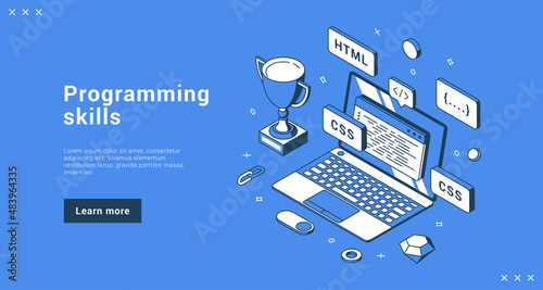 Programming skills software development professional achievement with cup award and laptop internet banner landing page isometric vector illustration. Website coding business programmer cyberspace