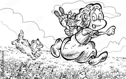 Drawing of a little girl running with her cat