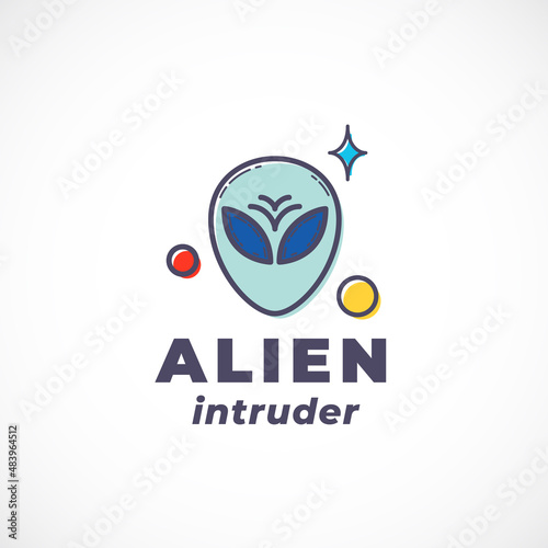 Alien Intruder Abstract Vector Sign, Symbol, Logo Template. Outline Extraterrestrial Creature Face Silhouette with Modern Typography. Science Fiction Fantastic Character Emblem Isolated