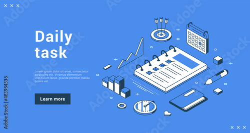 Daily task list business work planning with pad checkmark schedule analyzing internet banner landing page isometric vector illustration. To do memo message agenda deadline and time management