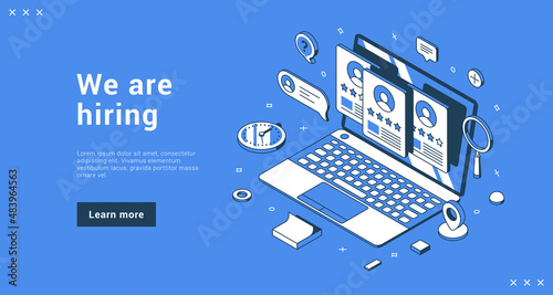 We are hiring online recruitment agency service choose employee human resources with laptop banner landing page isometric vector illustration. Career opportunity HR business promo vacancy candidate