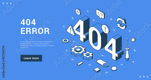 404 error connection not found failure download interface information internet banner landing page isometric vector illustration. Software communication fail caution defect problem message