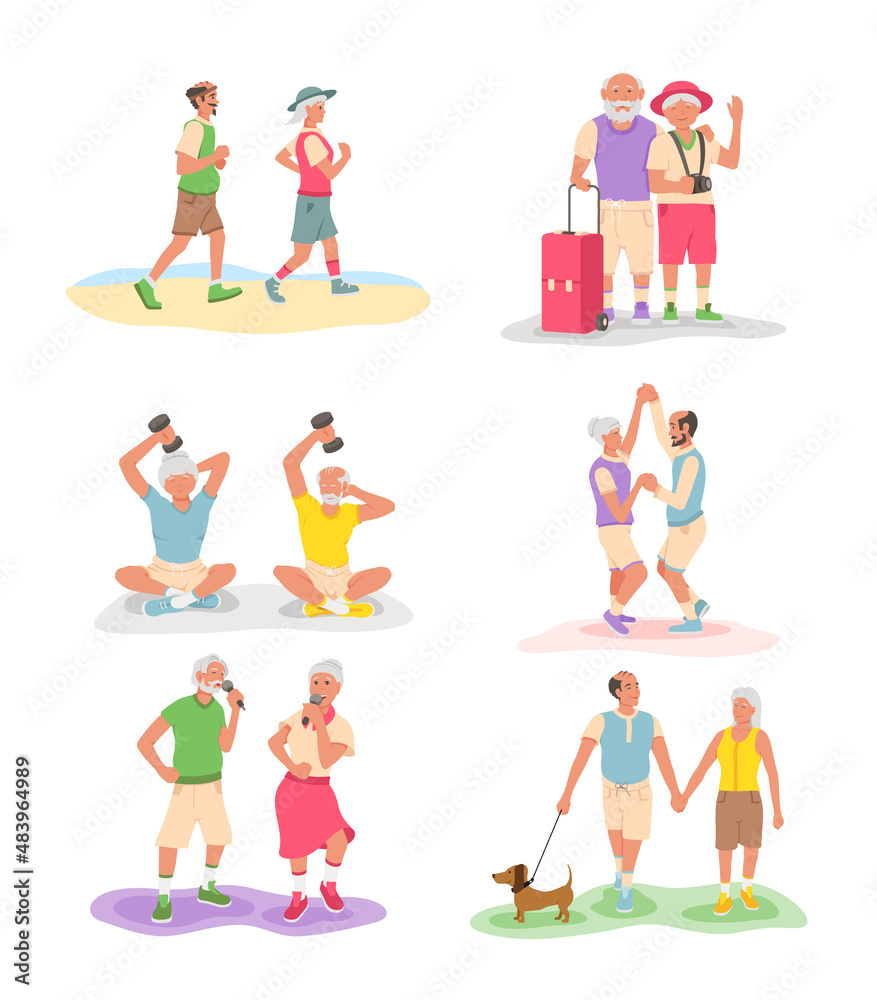 Active elderly couples collection vector flat illustration mature pairs travelling, sports running
