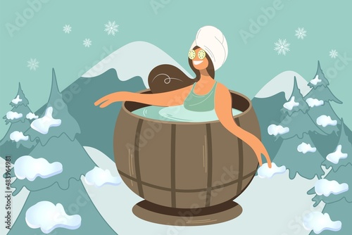 Woman sitting in a hot tub. A girl with a cucumber mask on her face is resting in a sauna against the backdrop of winter nature. Isolated vector flat style. A cute lady bathes in a barrel. Home spa.