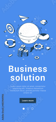 Business solution innovation idea strategy develop internet banner mobile application isometric vector illustration. Financial anti crisis corporate management brainstorming analysis creative decision