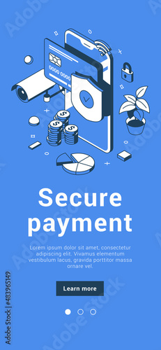 Secure payment online banking transaction protection with shield mobile phone and credit card banner isometric vector illustration. Safety money account financial privacy checkout contactless e pay