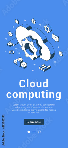 Cloud computing data center technology network cyberspace global hosting mobile banner isometric vector illustration. Database innovation server system storage backup upload digital connection