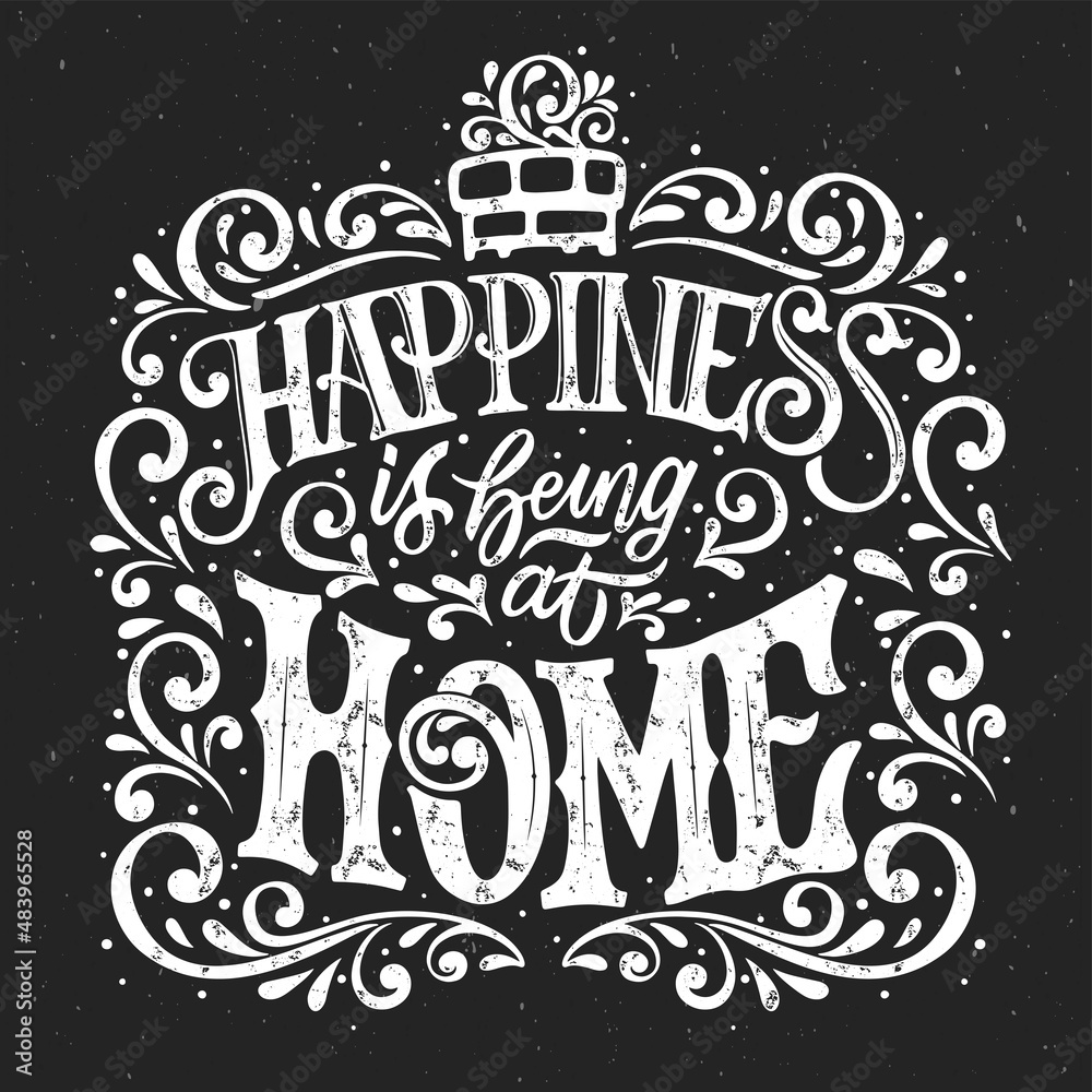 Happiness it being at Home vector text. Motivational quote. Calligraphic handmade lettering. Decorative lettering for interior decoration.