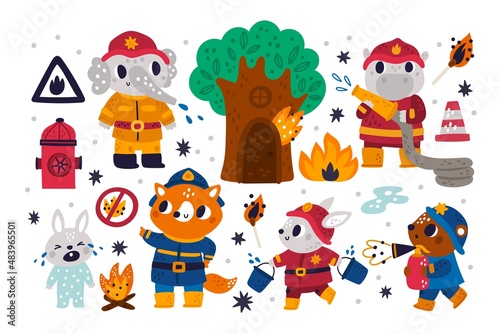 Fototapeta Naklejka Na Ścianę i Meble -  Animals firefighters. Cute kids characters extinguish flame. Fighters with fire and victim rescuers. Elephant in uniform. Bunny and behemoth with emergency hose. Vector cartoon firemen set