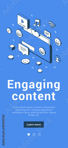 Engaging content marketing success social media sharing business campaign mobile banner isometric vector illustration. Global promo optimization seo strategy development interesting communication