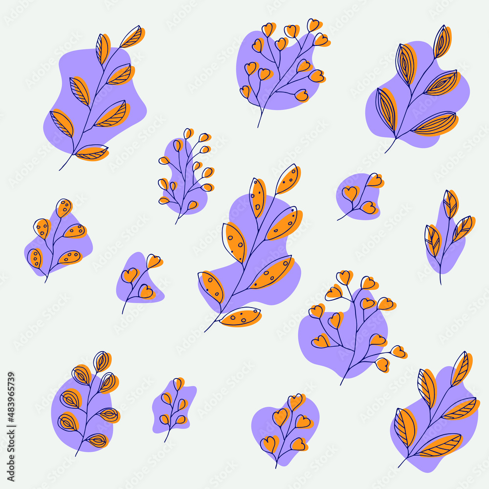 Fototapeta premium Hand drawn vector branch. Colorful set of herb doodle isolated on white background. Botanical illustration for card, print, web, design, decor, logo.