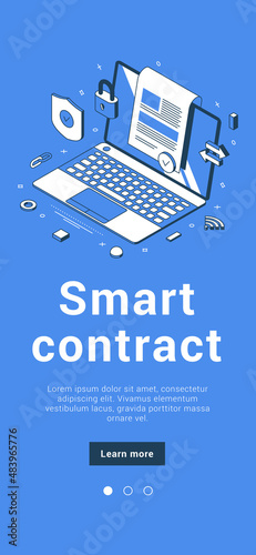 Smart contract laptop electronic document online protect security innovation technology mobile banner isometric vector illustration. Financial partnership agreement send or receive data communication