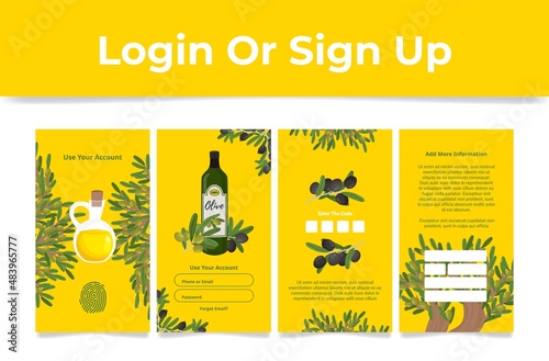 Collection realistic log in sign up mobile app page with olive oil design vector illustration