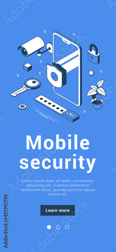 Mobile security modern protect smartphone from thefts and hacker attacks banner isometric vector illustration. Internet technology automatic banking secure cyberspace private connection service