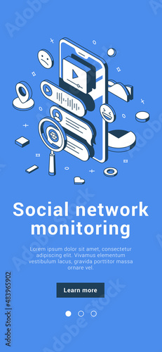 Social network monitoring internet advertisement analytics SEO solutions search mobile banner isometric vector illustration. Competitive analysis, digital marketing optimization with magnifier