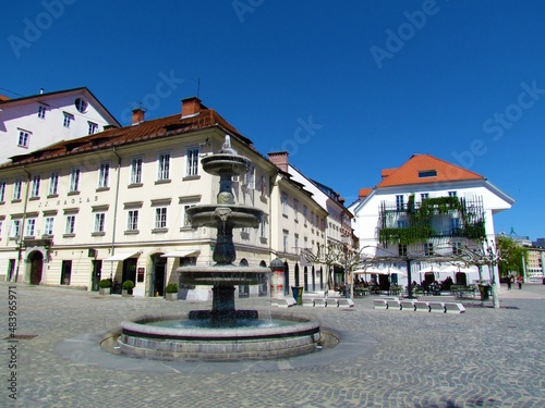 Old historic fountain at Novi trg in Ljubljana, Slovenia