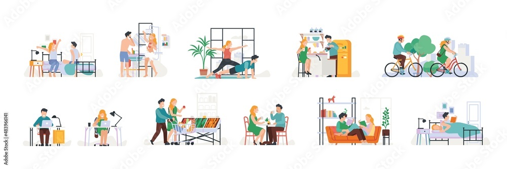 Couple daily routine. Everyday activity. Guy and girl living together. Romantic weekday. Sports exercises and dinners. People walk or work with laptops. Vector day schedule scenes set