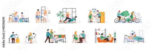 Couple daily routine. Everyday activity. Guy and girl living together. Romantic weekday. Sports exercises and dinners. People walk or work with laptops. Vector day schedule scenes set