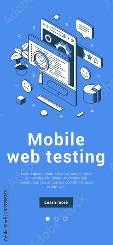 Mobile web testing debug application development browsing interface software banner isometric vector illustration. Checking website usability creative design programming seo content responsive