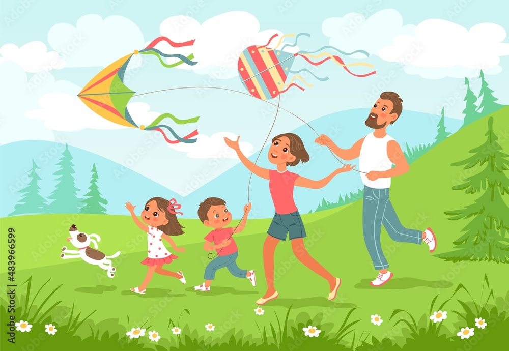 Family fly kites. Outdoor joint activity. Happy children and parents playing with air toys. Mom and dad walking together with son and daughter in park. Summer leisure. Vector concept