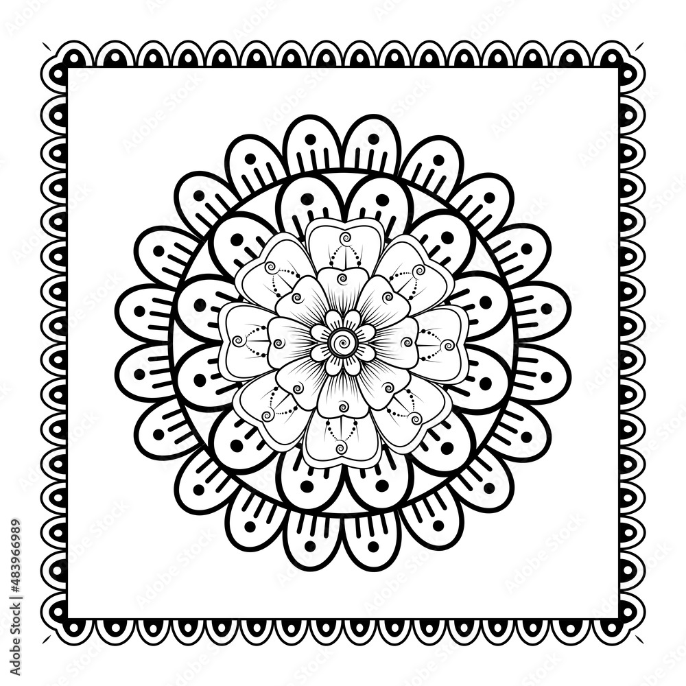 Circular pattern in form of mandala for Henna, Mehndi, tattoo, decoration. Decorative ornament in ethnic oriental style. Coloring book page. Circular pattern in form of mandala for Henna, Mehndi, tattoo, decoration. Decorative ornament in ethnic oriental style. Coloring book page.