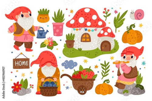 Garden gnomes. Cute dwarfs characters. Magical little men and mushroom home. Cartoon gardening tools and elements. Funny decor. Fairytale elves with harvest. Vector fabulous creatures set